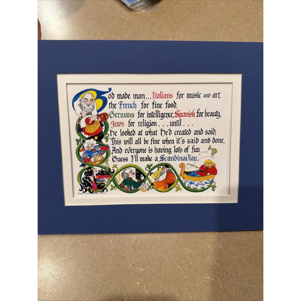 Scandinavian Art Work Print Matted - Blue - Funny - God Created…. Great Gift